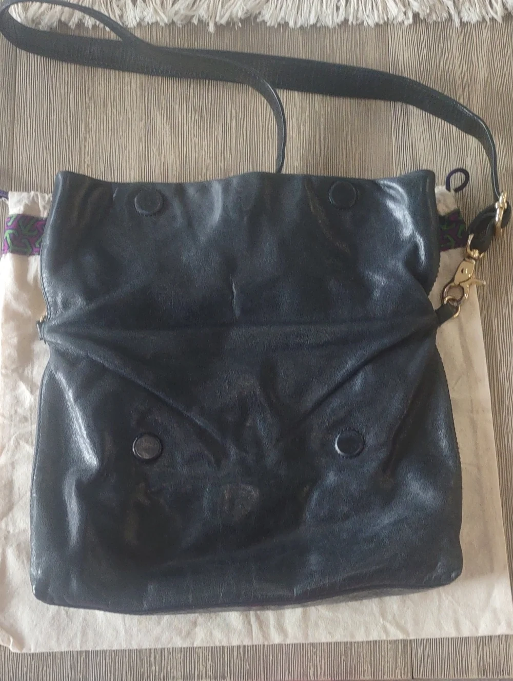 Tory Burch Black Leather Fold-Over/Convertible Crossbody with Gold Tone Logo